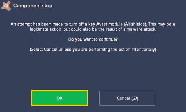 Skärmdump för att bekräfta inaktivera Avast.