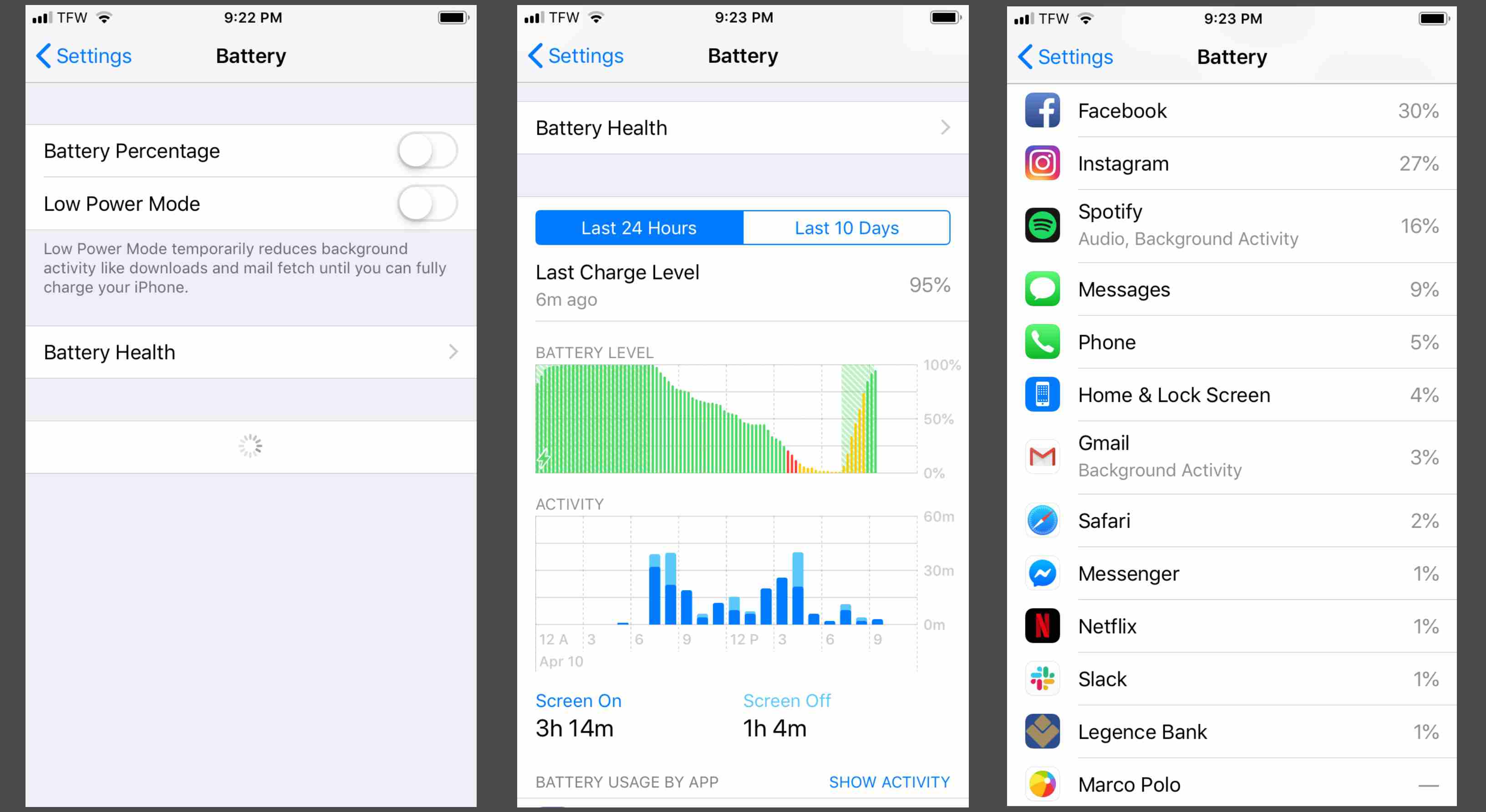 Skärmdump av batteriinställningar på iPhone