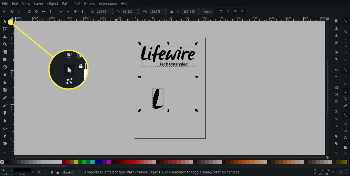 En skärmdump av Inkscape med markeringsverktyget markerat