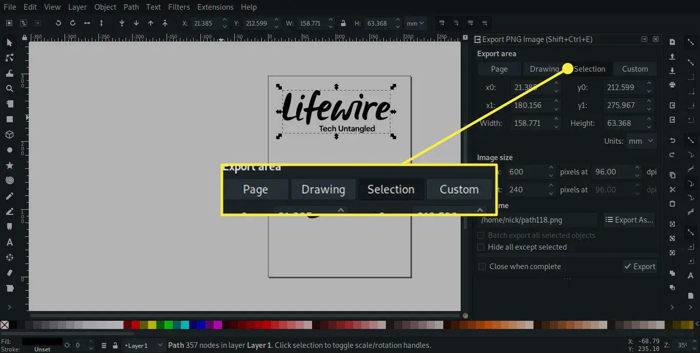 En skärmdump av Inkscape med alternativ för exportområdet markerad