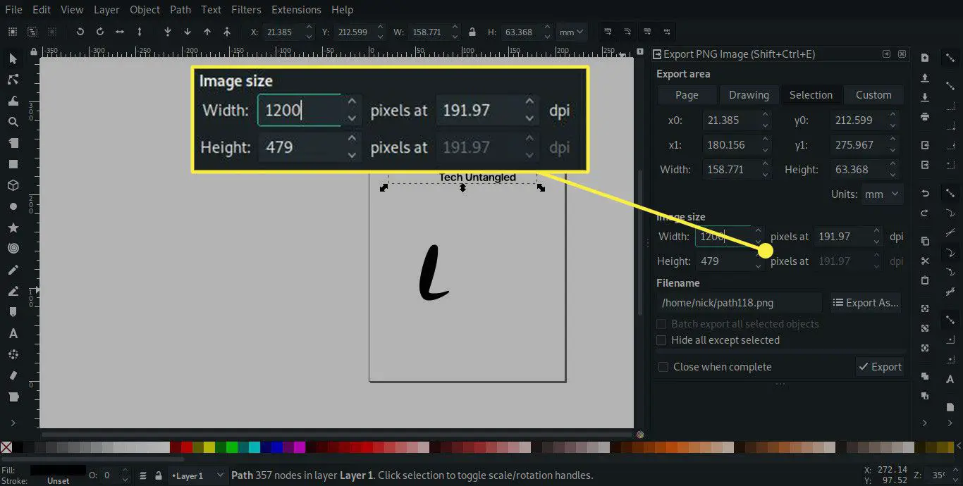 En skärmdump av Inkscapes exportområde -skärm med avsnittet Bildstorlek markerad