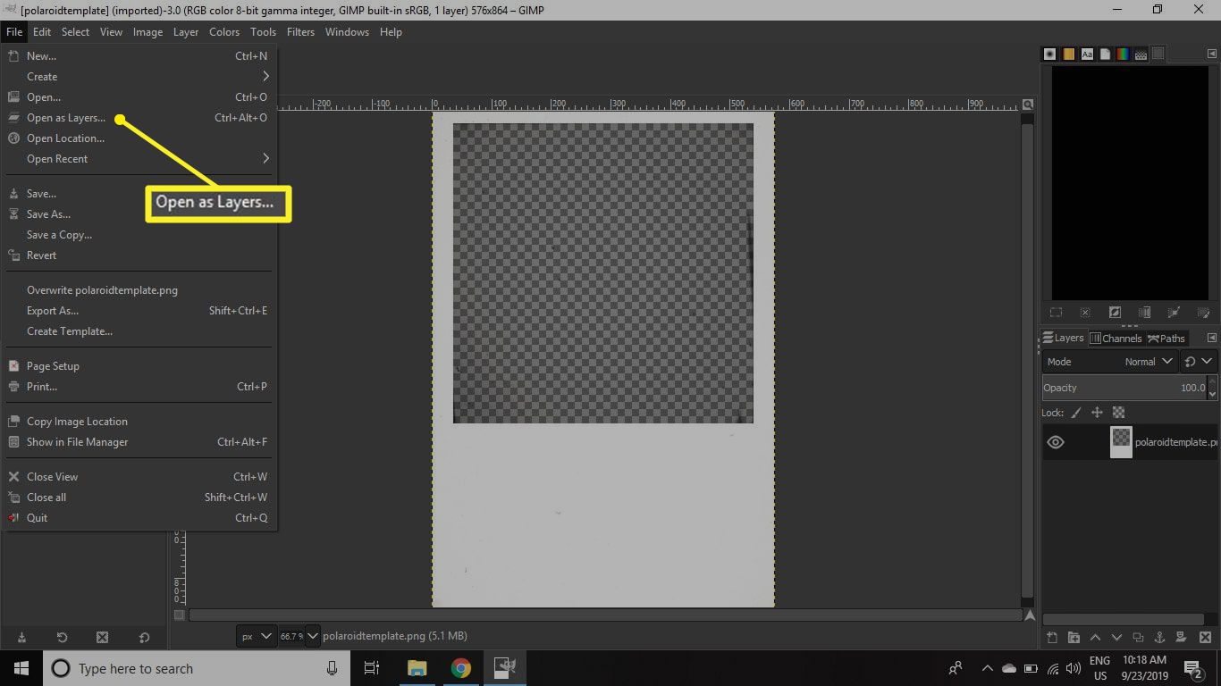 Menyn GIMP -fil med Öppna som lager markerad
