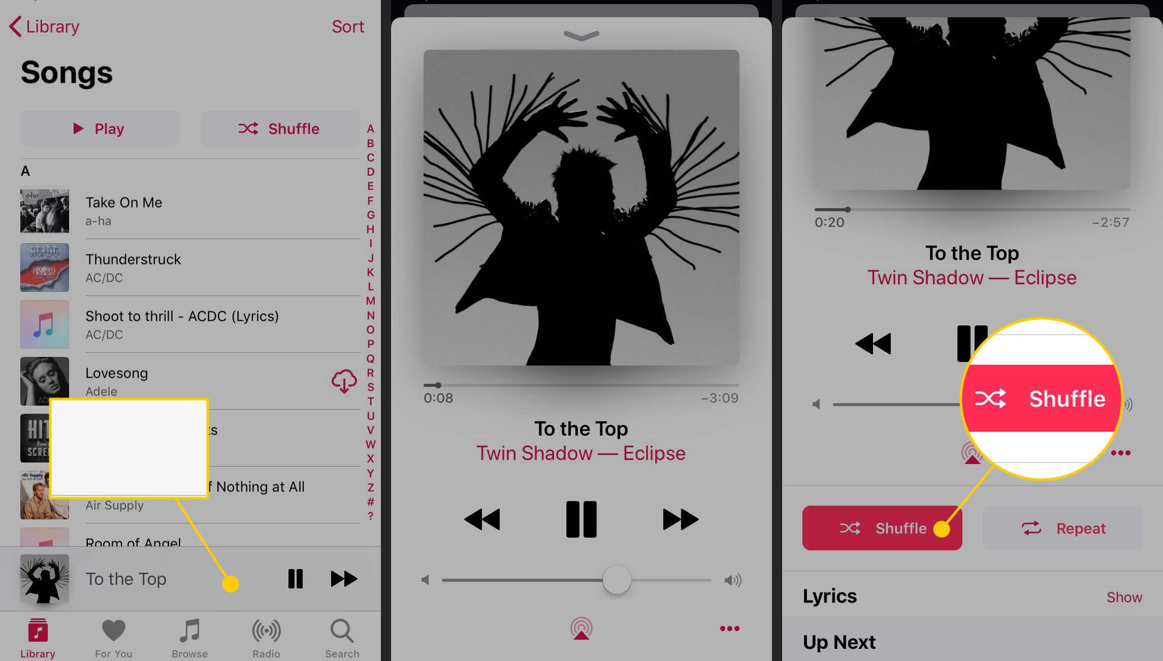 Blandningsalternativet i Musik på en iPhone