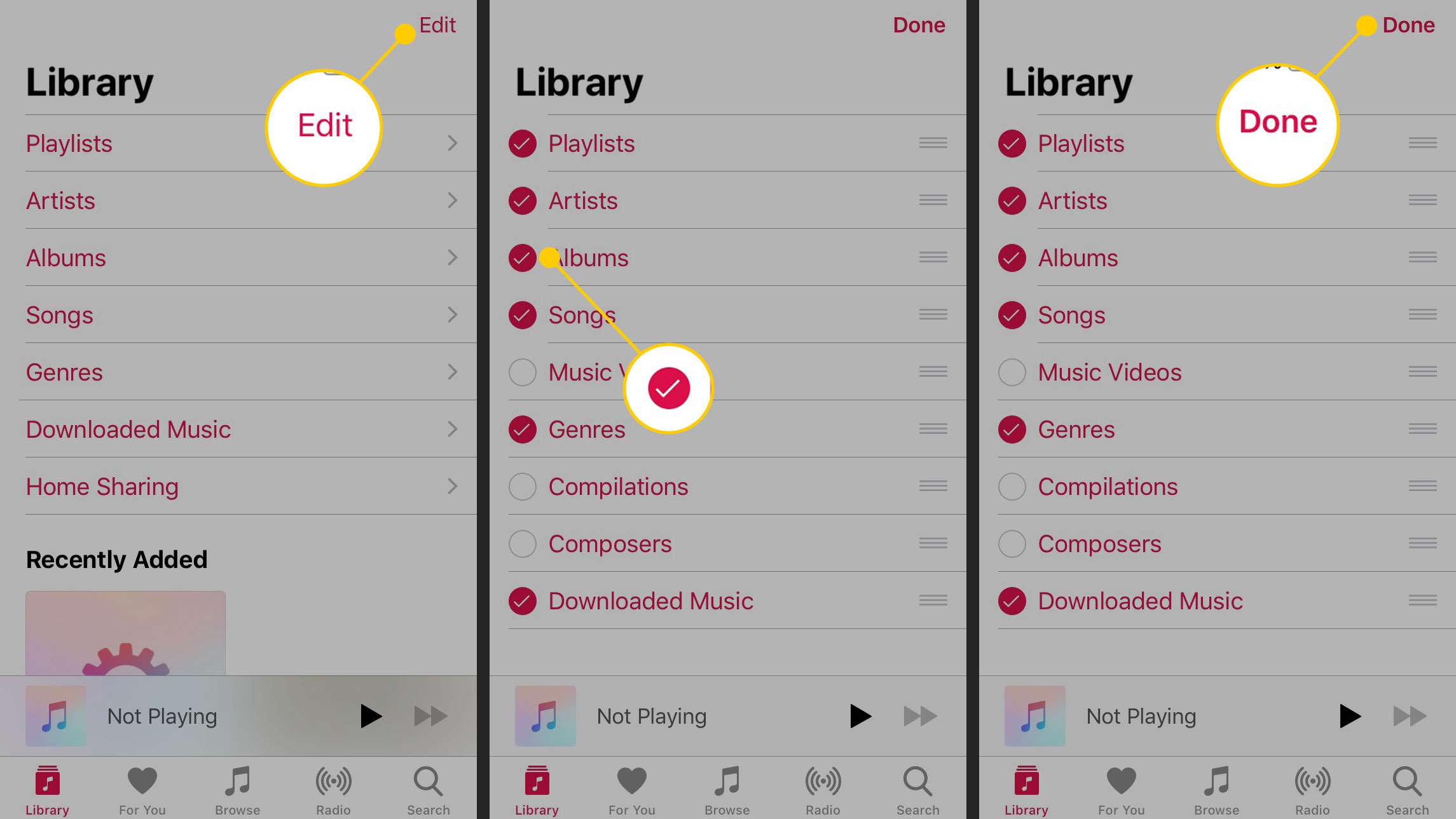 Lägga till fler alternativ till biblioteket i appen Musik