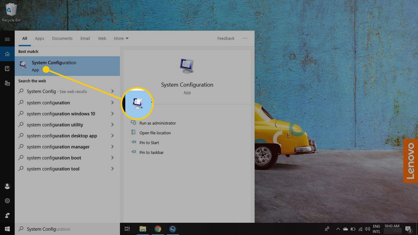 Windows -meny med systemkonfiguration markerad