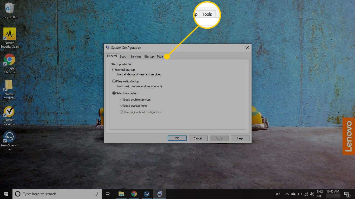 Systemkonfiguration i Windows med fliken Verktyg markerad