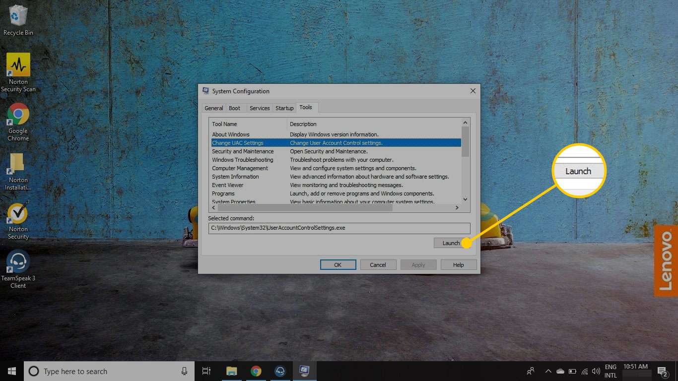 Systemkonfiguration i Windows med startknappen markerad