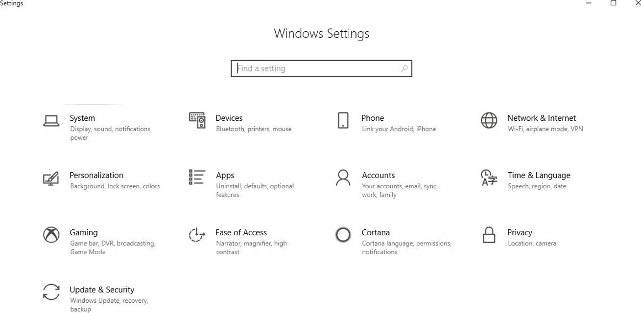 En skärmdump av gränssnittet Windows 10 Settings