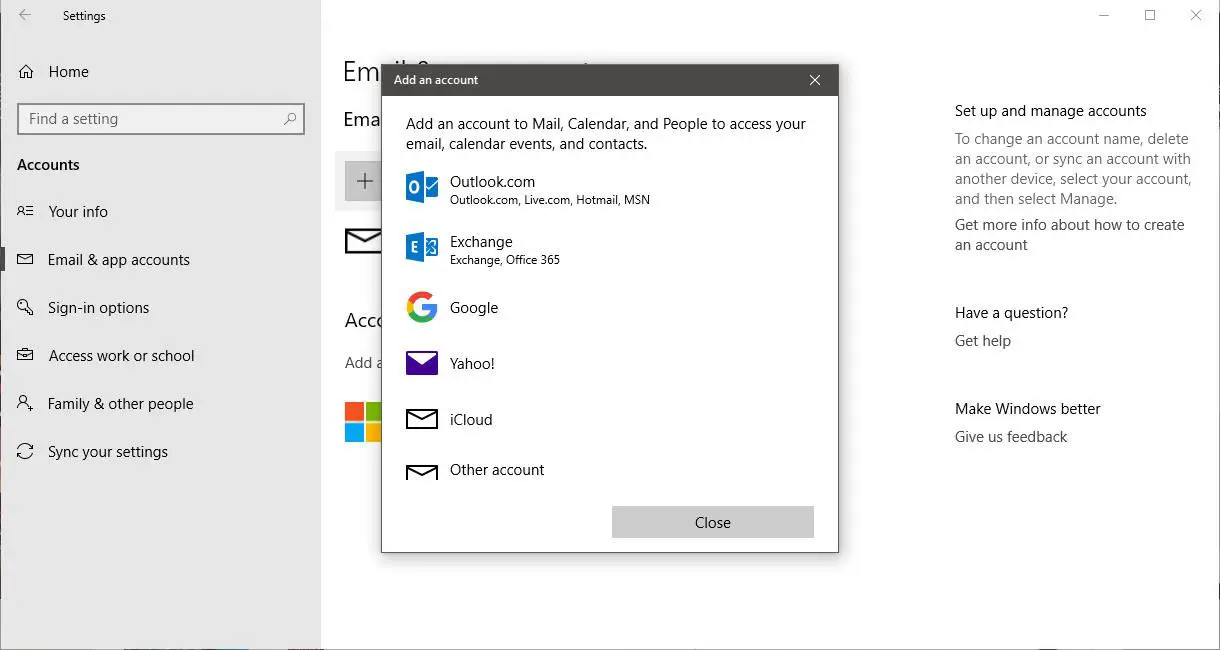 En skärmdump av dialogrutan Lägg till ett konto i Windows 10