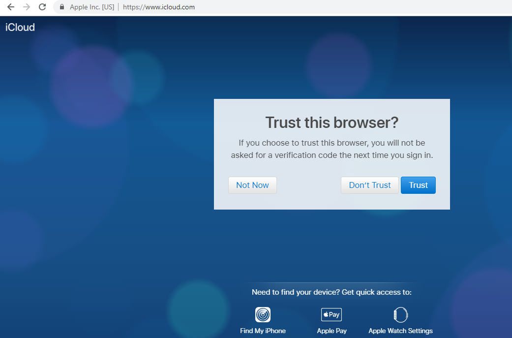 En skärmdump av iCloud -webbläsarens förtroendefråga i Google Chrome -webbläsaren