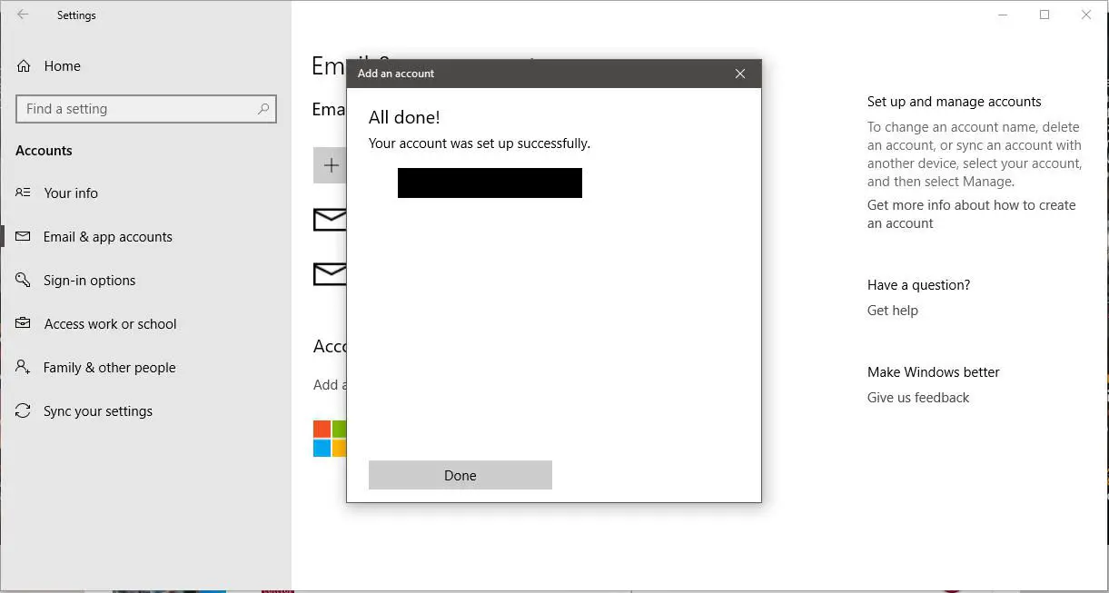 En skärmdump av Windows 10 Lägg till ett kontobekräftelsemeddelande.