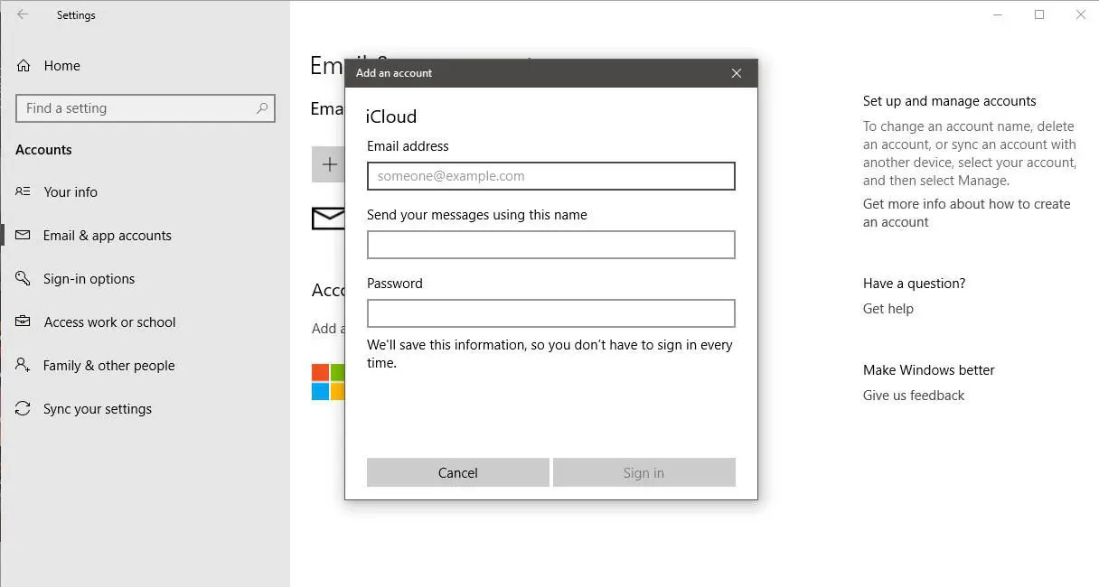 En skärmdump av en användare som lägger till sitt iCloud -konto i Windows 10