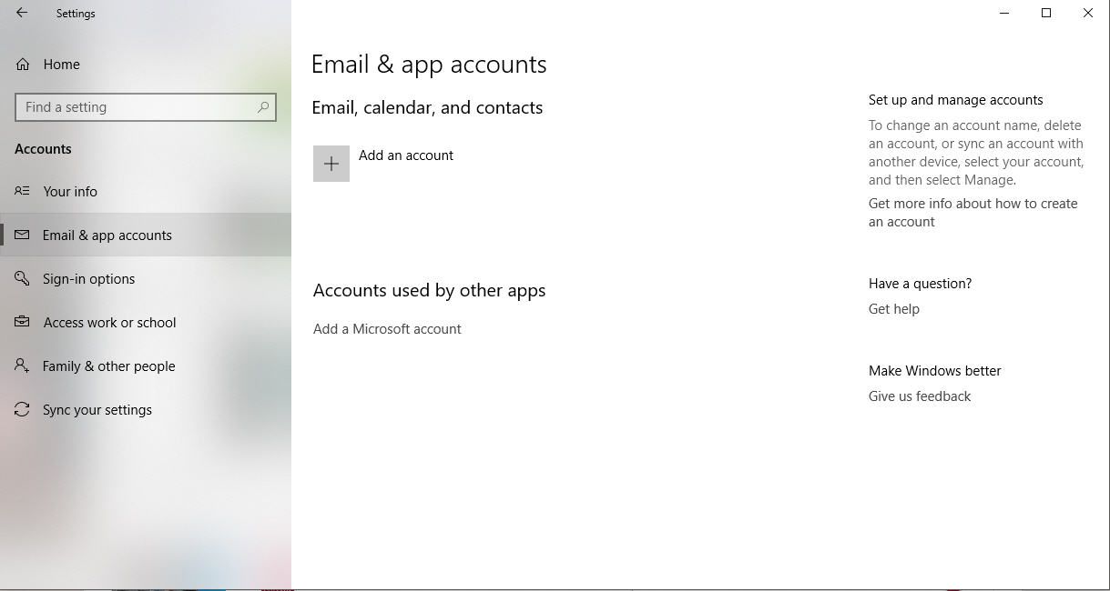 En skärmdump av inställningarna för e -post och appkonton i Windows 10
