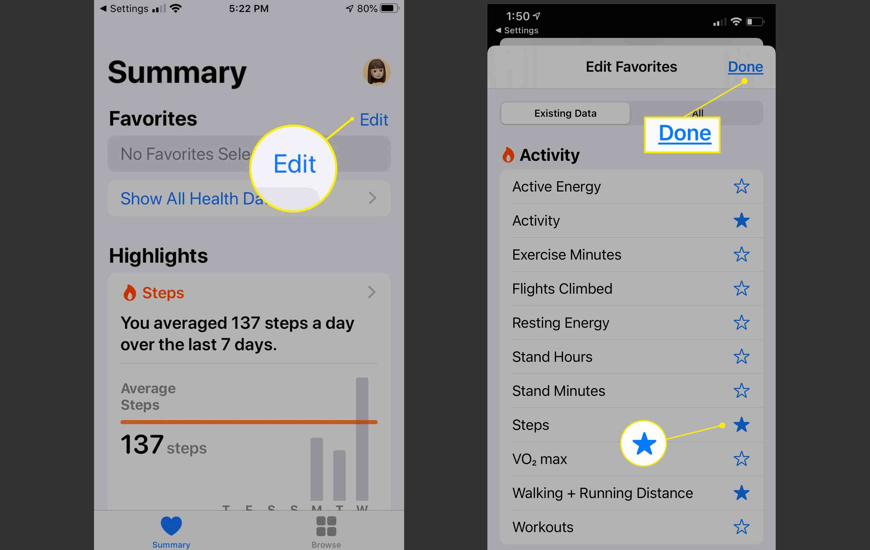 Skärmen Redigera favoriter i iPhone Health -appen