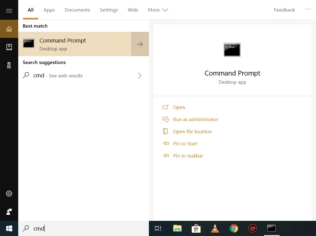 Skärmdump av kommandotolken i sökresultat från Windows 10
