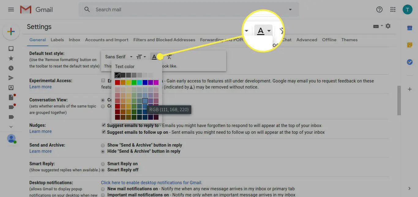 Alternativ för Gmail Standardtextstil med alternativet Textfärg markerat