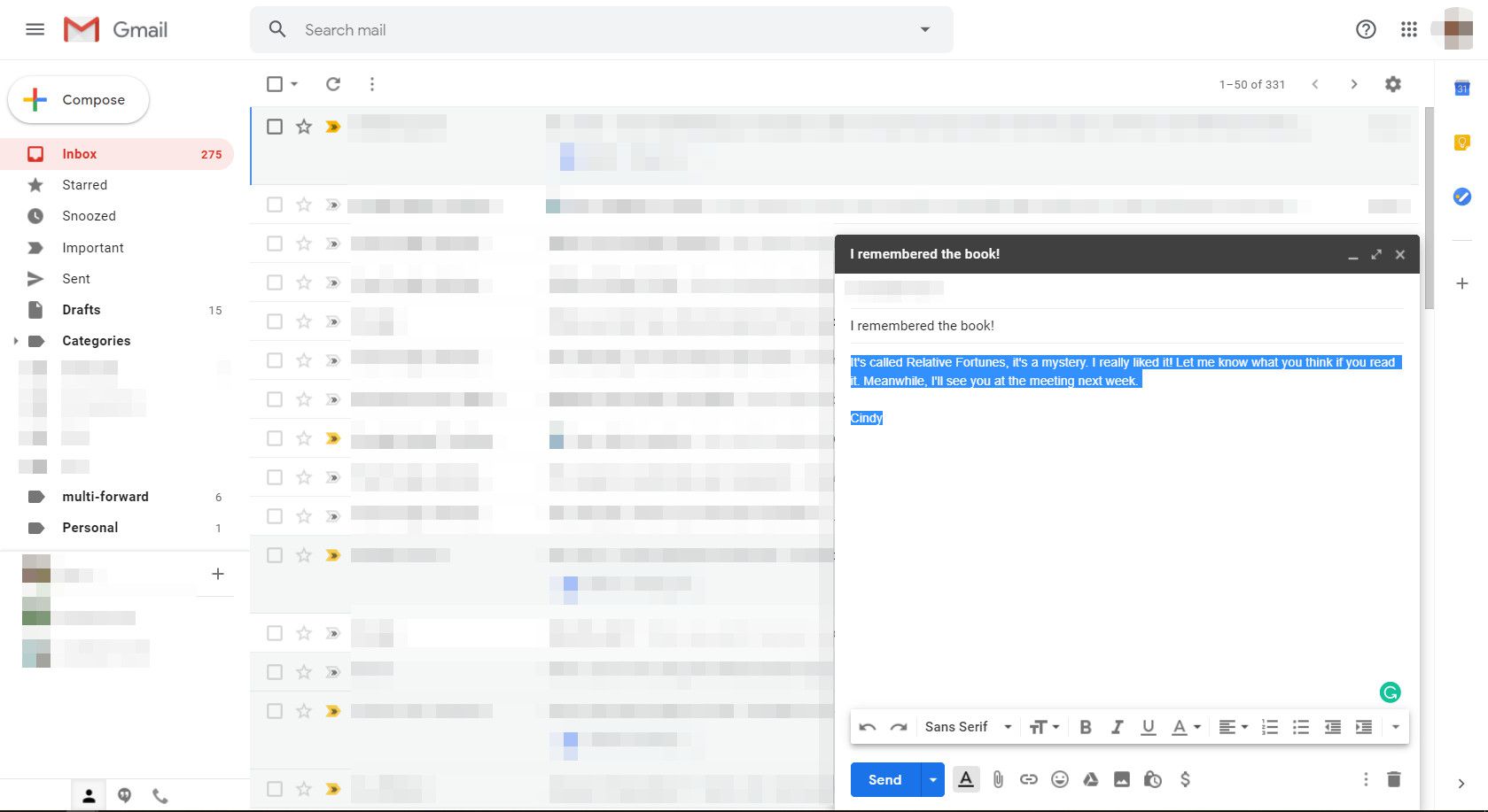 Markerad text på skärmen Meddelandekomposition i Gmail