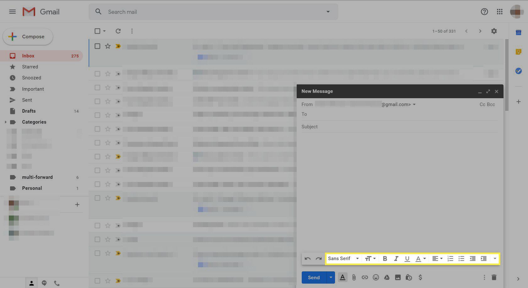 Ett nytt meddelande i Gmail med textformateringsalternativen markerade