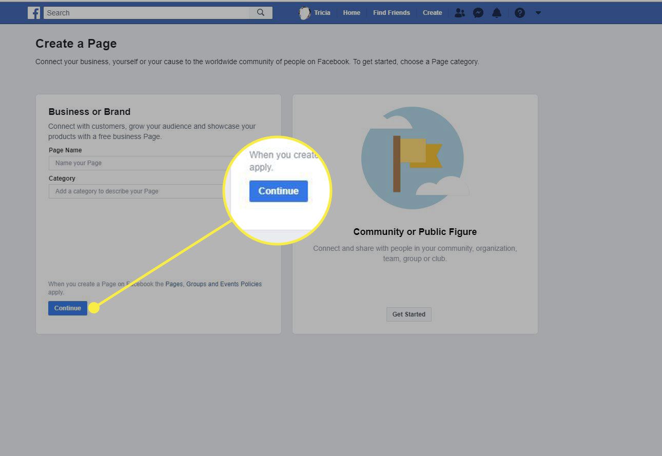 En skärmdump av Facebooks Skapa en sida med Fortsätt -knappen markerad