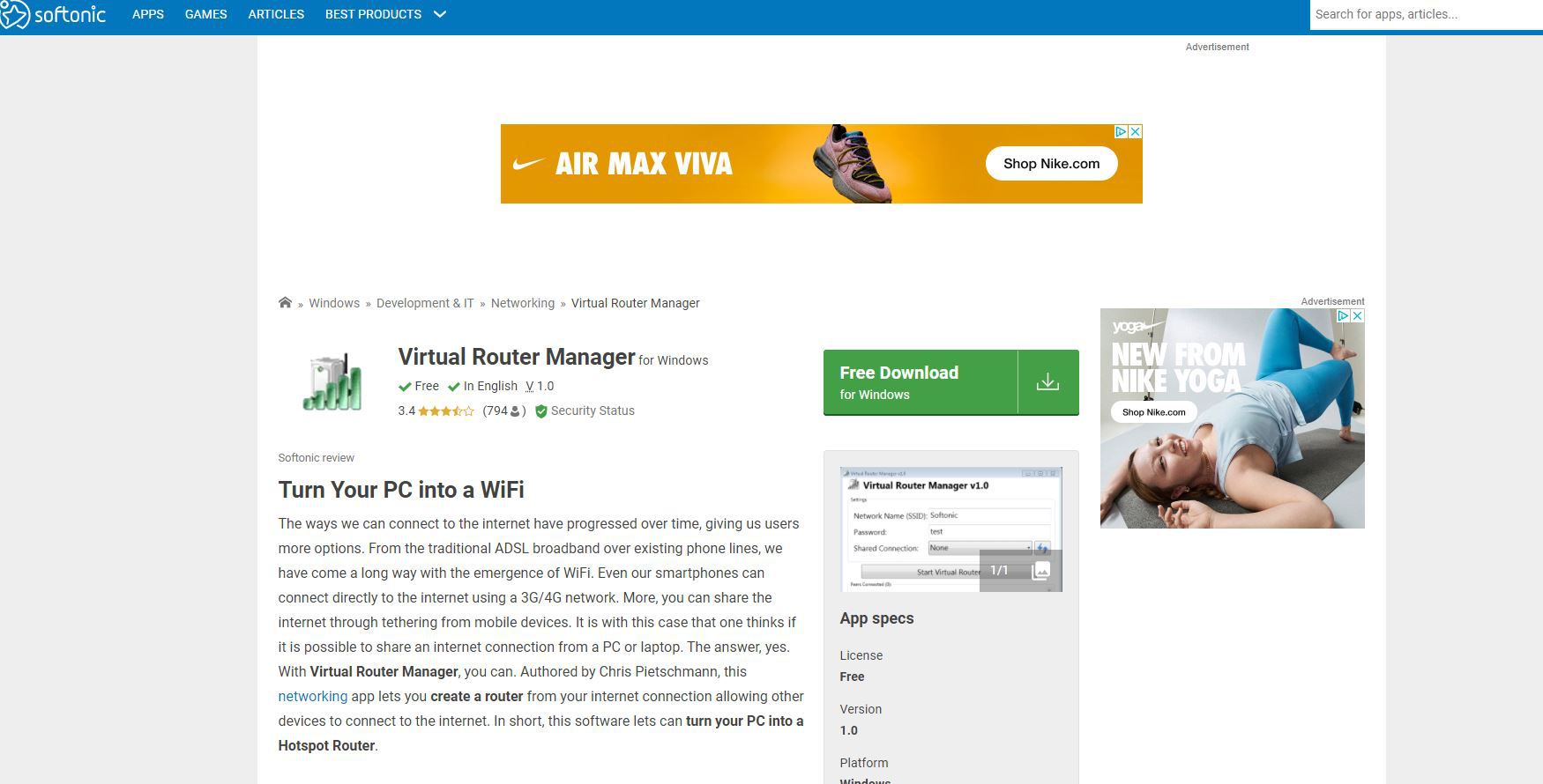Nedladdningssida för Virtual Router Manager