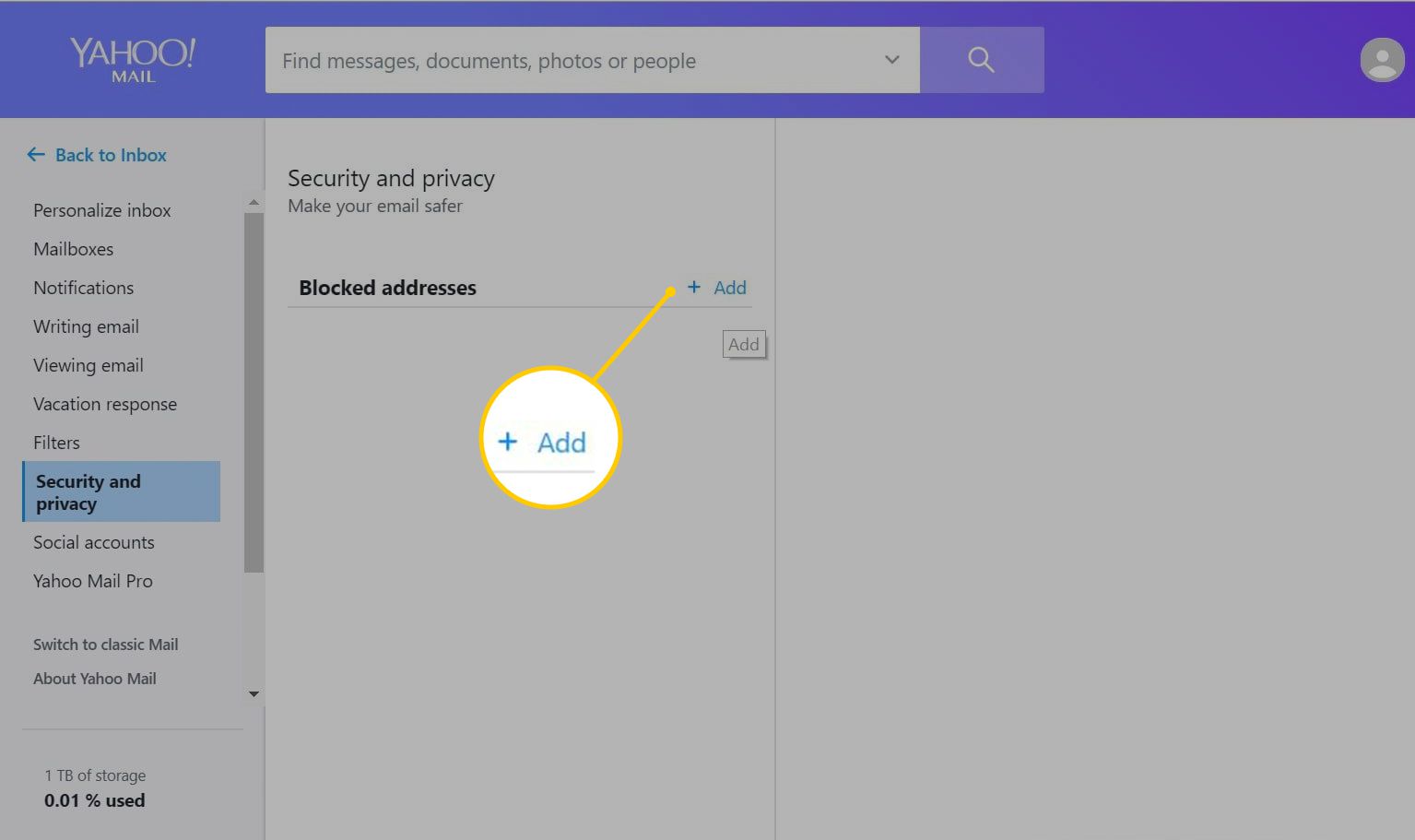 Lägg till -knappen på Yahoo Mail -blockerade avsändarsida