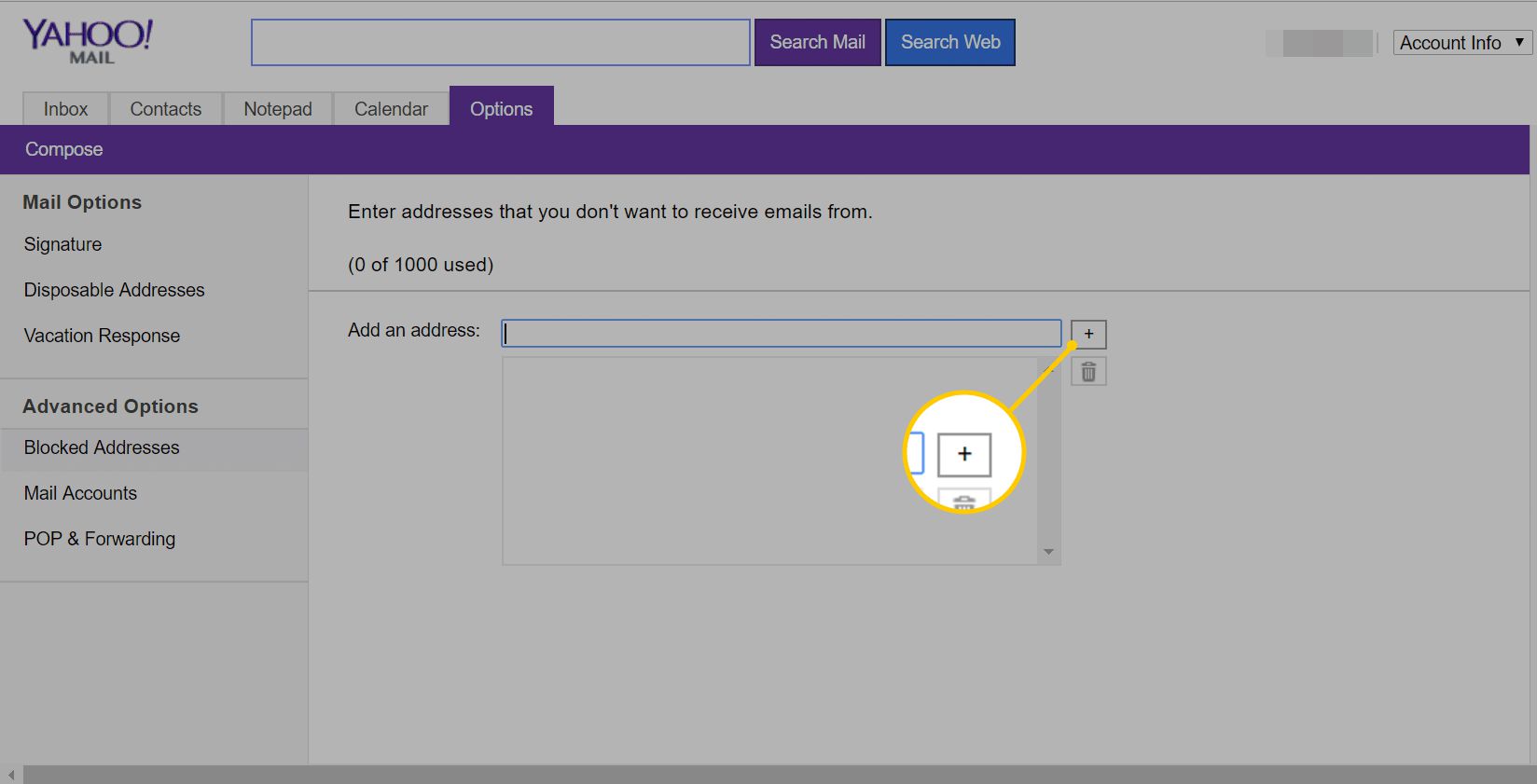 Plustecken för att lägga till en blockerad e -postadress på Yahoo Mail Basic webbsida
