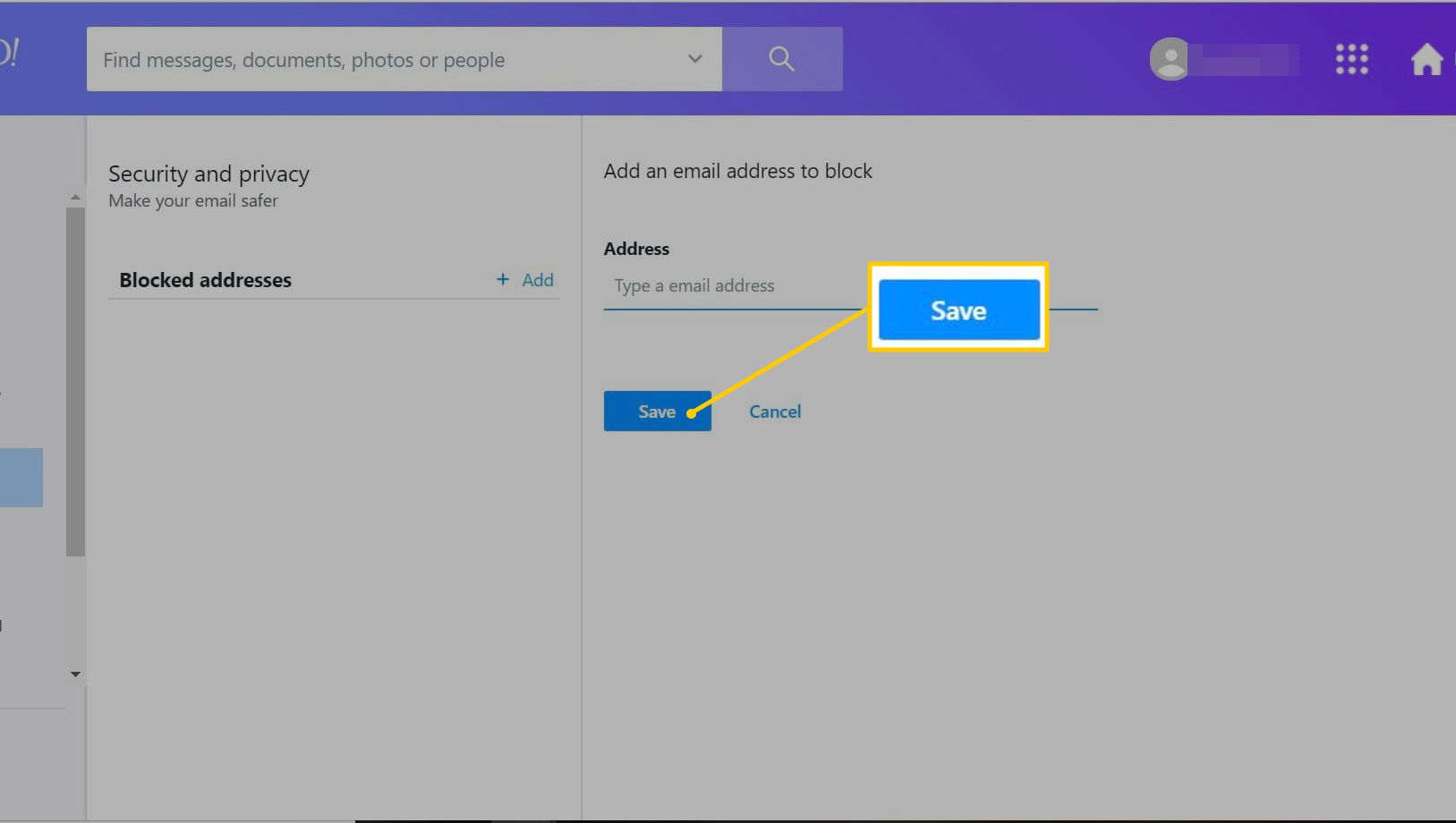 Spara -knappen på blockerad e -postwebbplats för Yahoo Mail