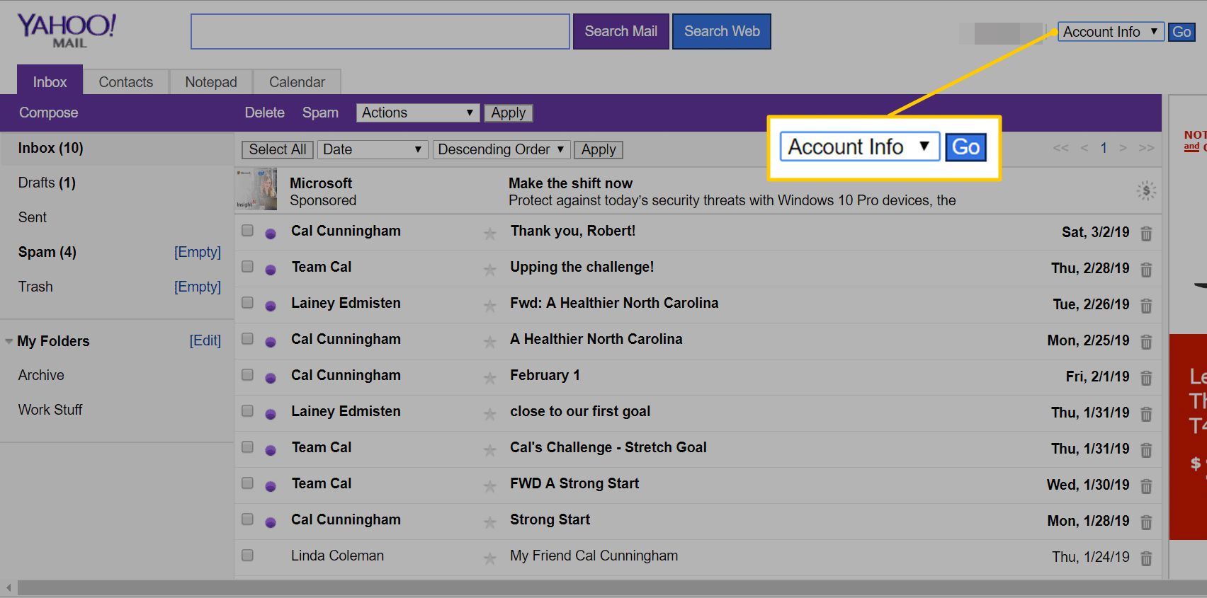 Menyn Kontoinformation i Yahoo Mail Basic