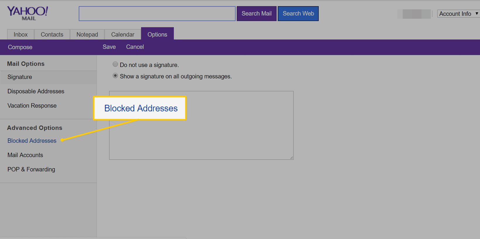 Länkade blockerade adresser på Yahoo Mail Basic -webbsidan