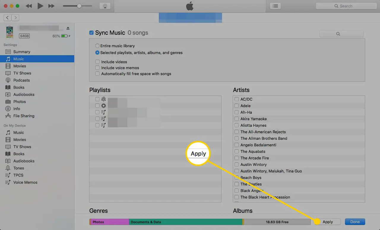 Musikinställningar i iTunes med knappen Apply markerad