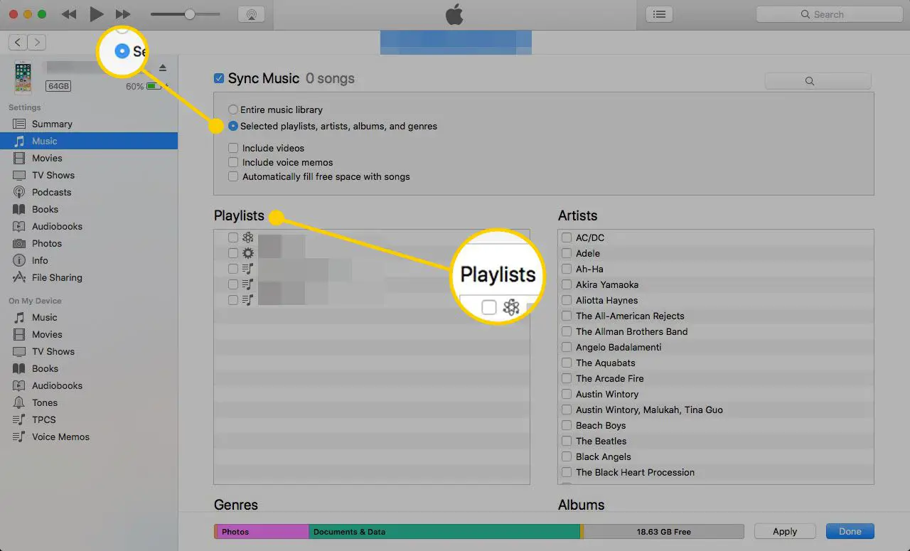 Musikskärm i iTunes med knappen Valda spellistor markerad