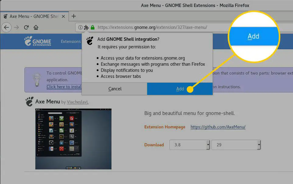 Lägg till -knapp i GNOME Shell Integration