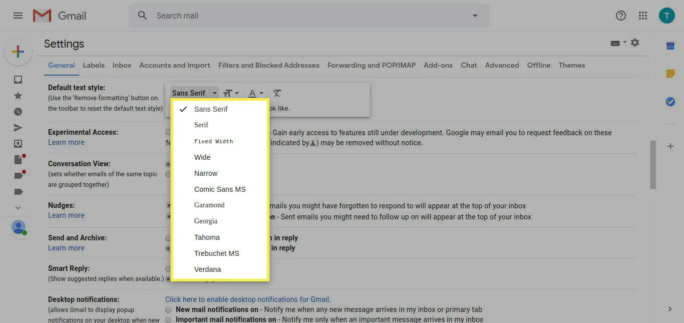 Gmail -inställningar med textalternativen markerade