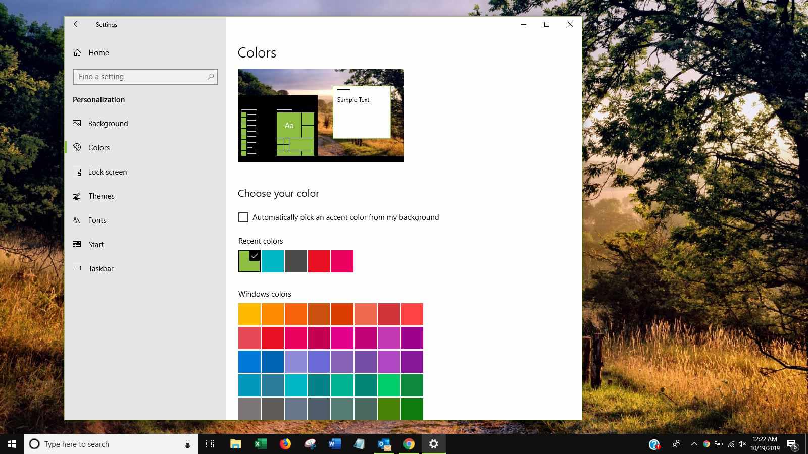 Skärmdump av Windows -färger i Bakgrundsinställningar