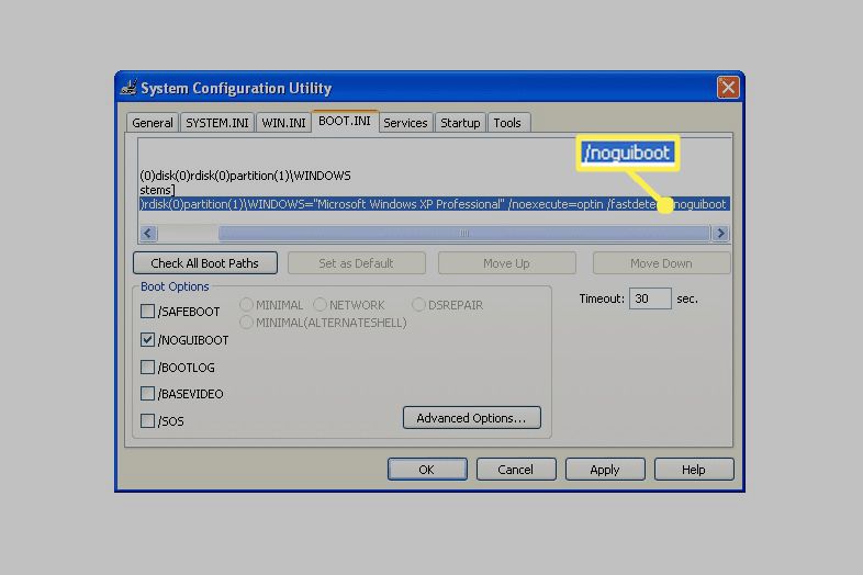 Systemkonfigurationsverktyg i Windows XP med alternativet NOGUIBOOT aktiverat