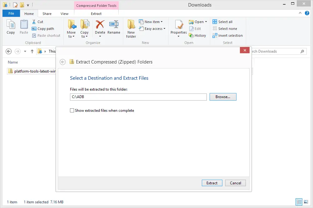 Skärmdump som visar hur man extraherar ADB till en ny mapp i Windows 8