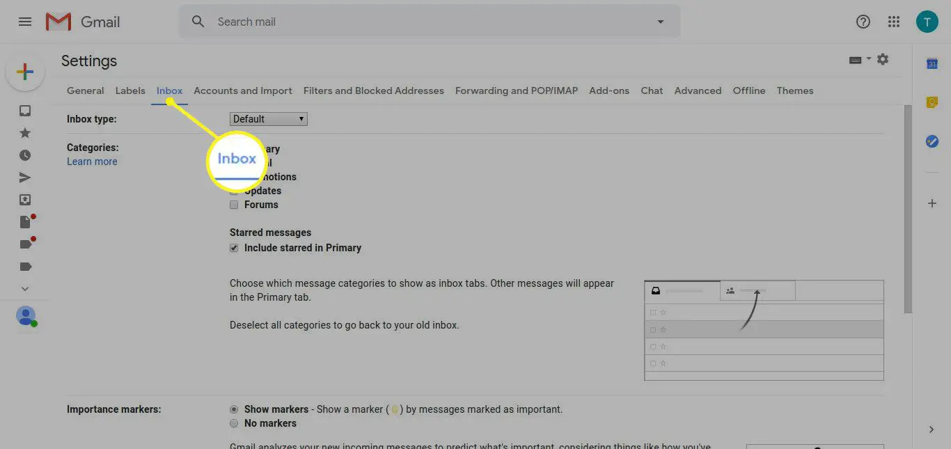 Gmail -inställningar med fliken Inkorg markerad