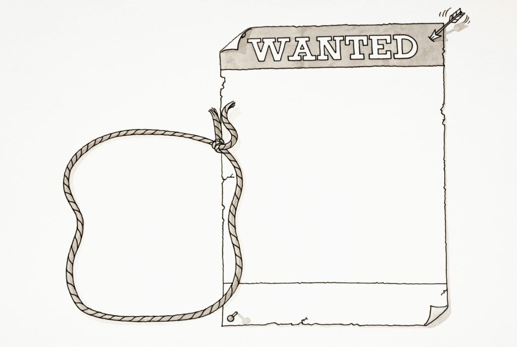 cartoon blank wanted poster pinned up with two drawing pins and small arrow rope noose 75488991 5a579b8ec7822d0037b97e39