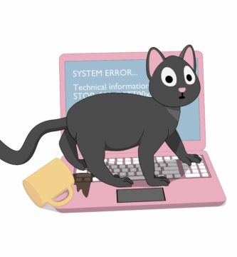 gray cat and a pink laptop with a screen of death 1085061206 4edc2dca26994643bcf34342603c4a35