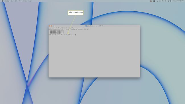 Dig-kommandot som angavs i Terminal på macOS.