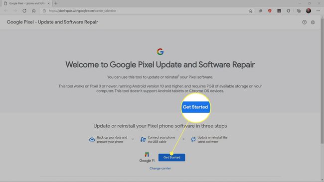 Kom igång markerad på reparationswebbplatsen för Google Pixel.