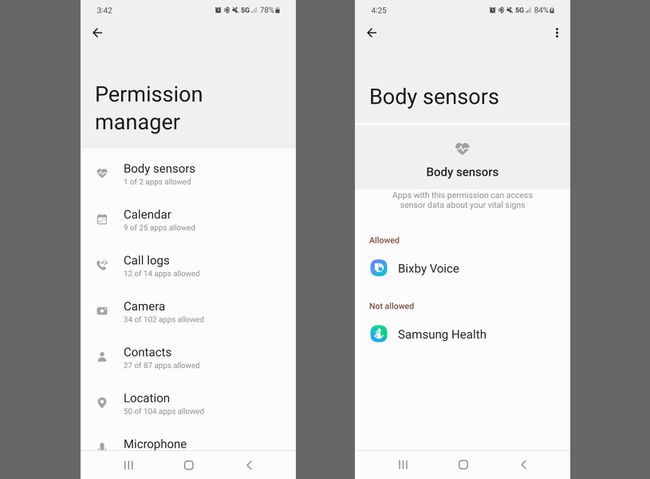 Behörighetshanteraren och Kroppssensorinställningar i Samsung Privacy Dashboard