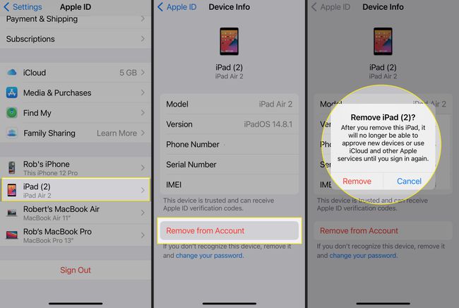iPhone-inställningar med iPad, Ta bort från konto och varningsmeddelande markerat