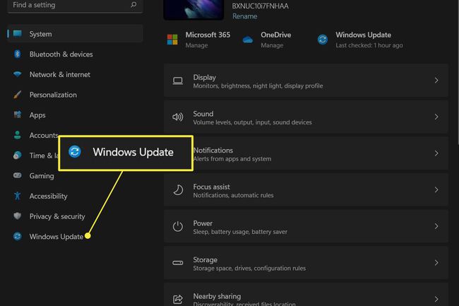 Inställningsapp för Windows 11 med Windows Update i menyn till vänster markerad