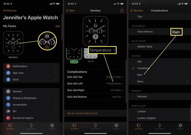 Steg på iPhone för att lägga till väderkomplikationer till Apple Watch-tavlan.