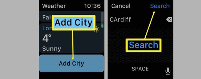 Apple Watch Weather-app med Lägg till stad markerad.