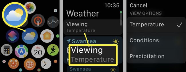 Apple Watch Weather App med visningsalternativ markerade.