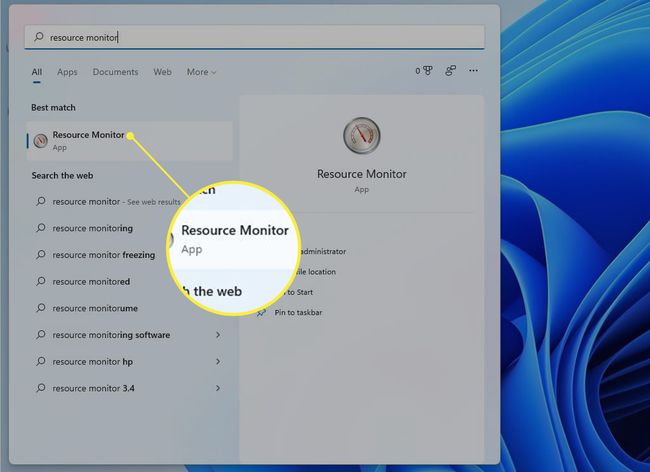 Resursmonitor markerad i Windows 11
