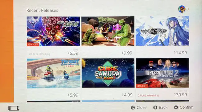 En skärmdump av de senaste släppen i Nintendo E-Shoppe.