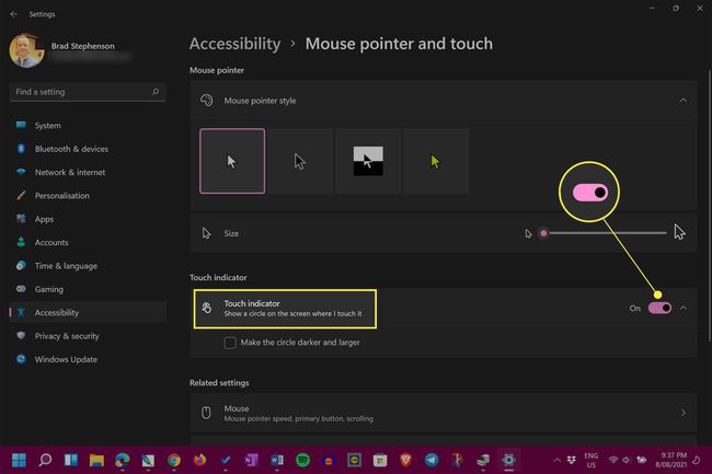 Windows 11 muspekare och pekinställningar med Touch Indicator och dess växling markerad